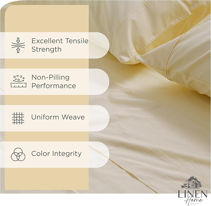 Linen Home 6 Piece Full Size Cotton Sheet Set, 100% Cotton Percale, 4 Pillowcases, Deep Pocket with All Around Elastic Sheet, Crisp Breathable Bedding, Hotel Luxury, Long-Staple Combed Cotton, Ivory
