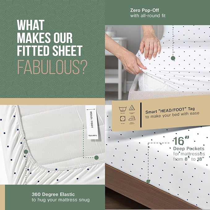 TEXAS LINEN CO. 100% Organic Cotton Printed Sheets Twin XL Size - 3 PC Organic Cotton Percale Sheets Twin XL (Polka Dot - Navy), Cooling Sheet for Dorm Room, 16" Deep Pocket - GOTS Certified