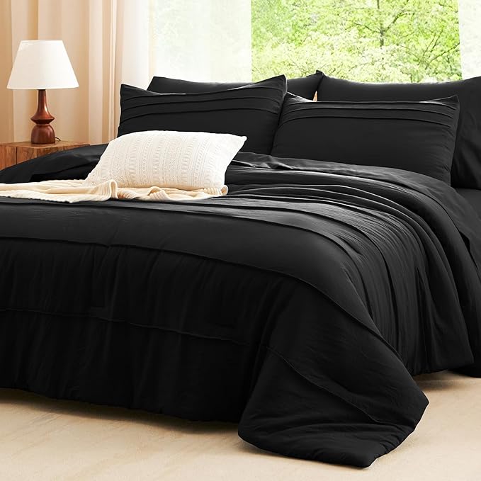 CozyLux King Size Comforter Set Black, 7 Pieces Soft Pinch Pleat Bed in a Bag King Comforter Set with Sheets, Boho Bed Set with Down Alternative Comforter, Sheets, Pillowcases & Shams