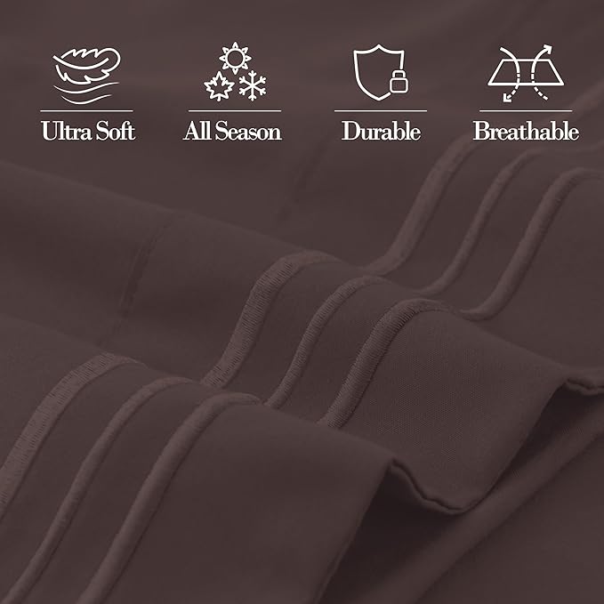 Mocassi 2-Piece Premium Standard/Queen Pillowcase Set 1800 Series Hotel Quality Microfiber - Soft and Breathable with 3-Line Embroidery Wrinkle and Stain Resistant, Easy Care, 20" x 30", Brown