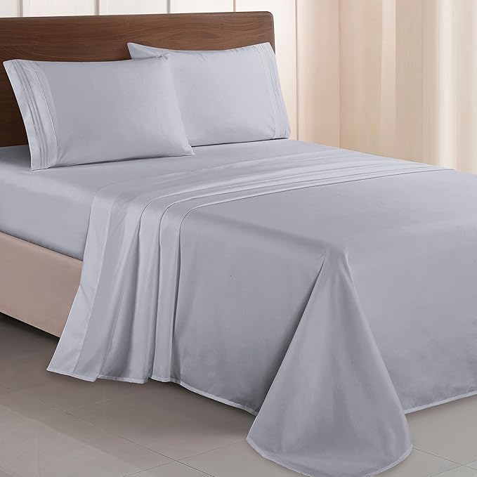 Elegant Comfort Luxurious 1500 Premium Hotel Quality Microfiber Three Line Embroidered Softest 4-Piece Bed Sheet Set, Wrinkle and Fade Resistant, King, Silver-Light Grey