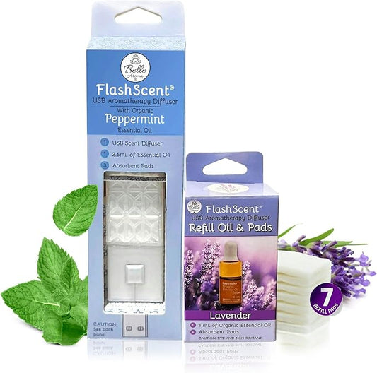 Belle Aroma® FlashScent™ Aromatherapy Diffuser USB – Portable Essential Oil Diffuser for Car, Office Desk & Travel – Waterless Mini Air Diffuser Kit with Peppermint & Lavender Oil & 7 Refill Pads