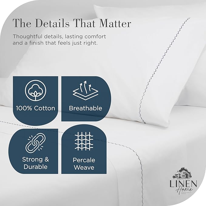Linen Home 100% Cotton Percale Moon Scallop Hem Pillowcases Queen/Standard Size, Dark Blue, 2 Pieces of Pillow Case, Crisp and Cool Strong Bed Linen, 20 inches X 30 inches