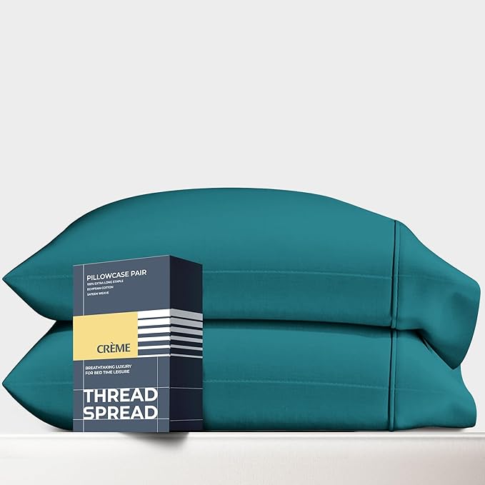THREAD SPREAD 100% Egyptian Cotton King Size Pillow Cases Set of 2 - Luxury 1500 Series Pillow Cases King Size (Teal), Soft Cooling Envelope Closure Hotel Quality Egyptian Cotton Pillowcases