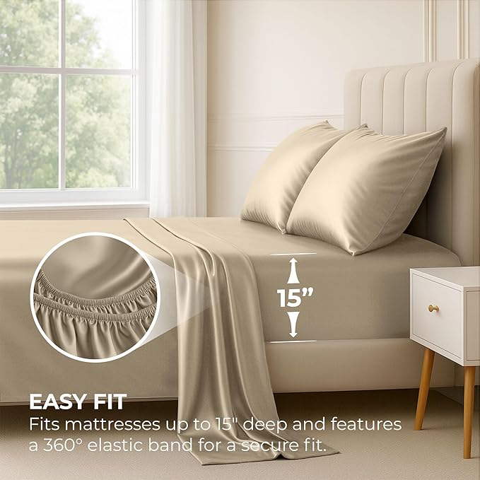 Satin Sheets Full [4-Piece, Champagne Gold] Hotel Luxury Silky Bed Sheets - Extra Soft 1800 Microfiber Sheet Set, Wrinkle, Fade, Stain Resistant - Deep Pocket Fitted Sheet, Flat Sheet, Pillow Cases