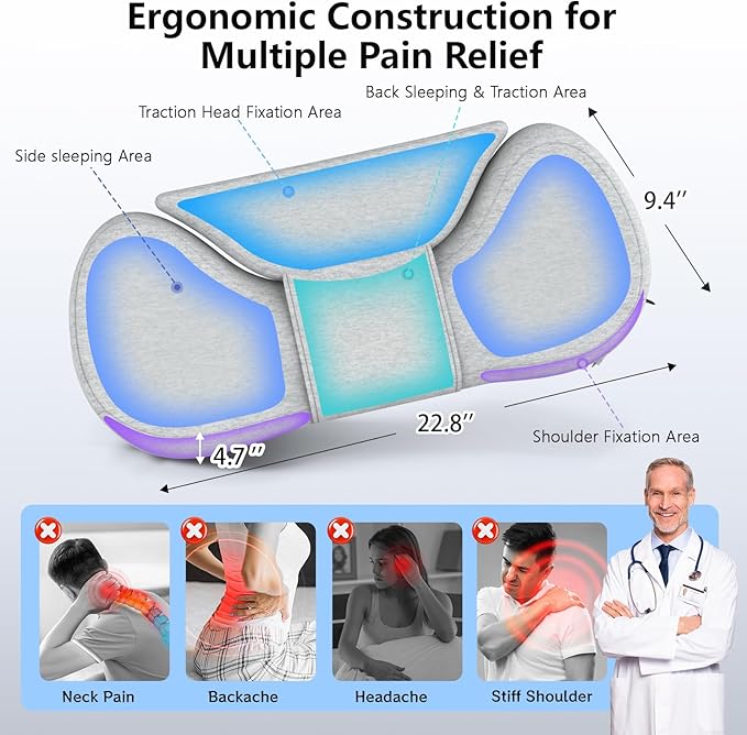 Cervical Neck Roll Pillow, Say Goodbye to Neck Pain, Travel Neck Support Pillow for Side Sleepers, Ergonomic Memory Foam Camping Pillow, Cervical Traction Device with Storage Bag (Gray)