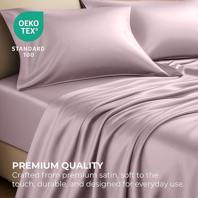 Satin Sheets King [4-Piece, Champagne Pink] Hotel Luxury Silky Bed Sheets - Extra Soft 1800 Microfiber Sheet Set, Wrinkle, Fade, Stain Resistant - Deep Pocket Fitted Sheet, Flat Sheet, Pillow Cases