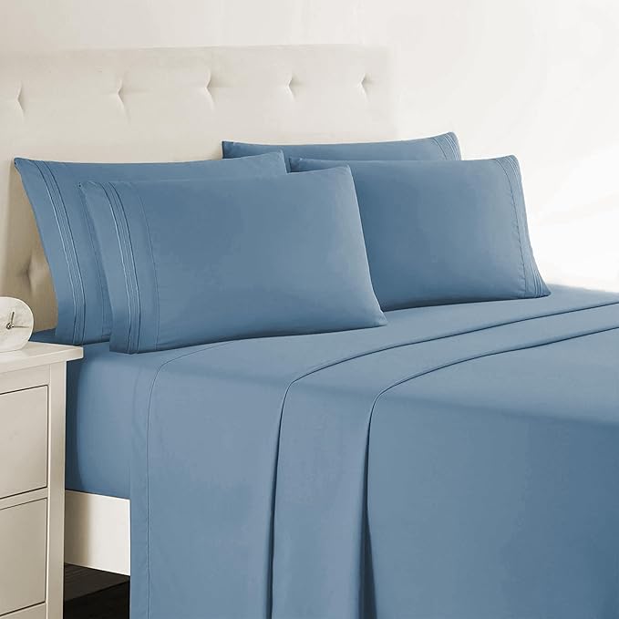 Clara Clark King Sheets - Hotel Luxury 6 Piece Bed Sheets for King Size Bed - Soft Bedding Sheets & Pillowcases, Fits Mattress up to 16 inch deep. King, Stone Blue