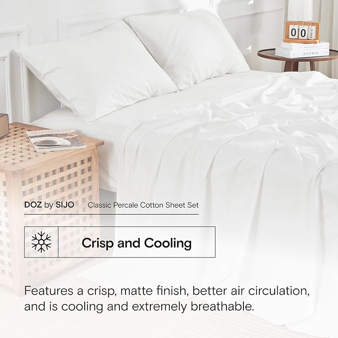 DOZ 100% Long Staple Cotton Sheet Sets, Classic Crisp Percale Weave, Breathable, Matte Finish, Hotel Style, Durable, 4pc – 2 Pillowcases 1 Fitted 1 Flat (Snow, Cal King)