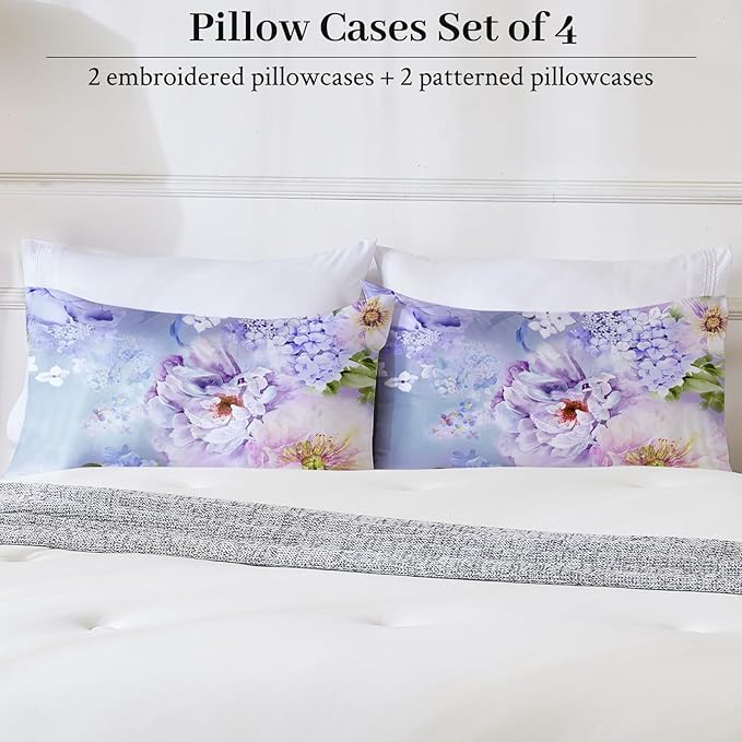 YIYEA King Size Pillow Cases Set of 4, Ultra Soft 1800TC Hotel Quality Double Brushed Microfiber Embroidered Pillowcases and Floral Pillow Covers, Envelope Closure, Fade Resistant (20"x36")