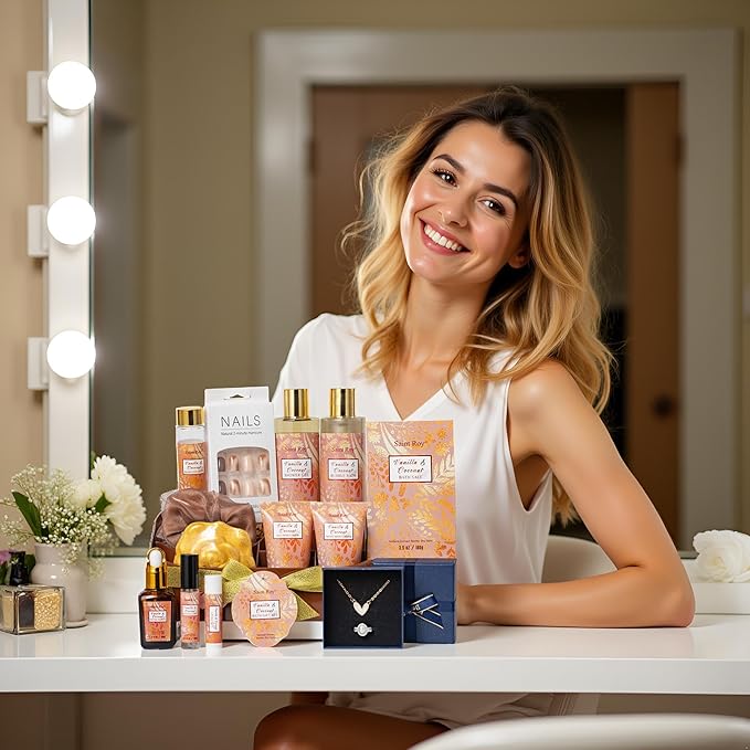 Mothers Day Gifts for Women, Skin care set Gifts, 16 Pcs Spa Gifts for Woman Coconut Vanilla Scents Skin Care Kit, Facial Kit with Face Day Cream, Night Cream, Skincare Set in Makeup Storage Box