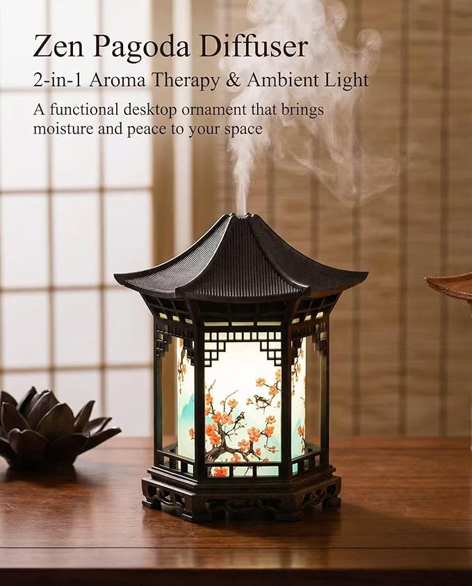 2-in-1 Aroma Diffuser & Night Light - Ultrasonic Essential Oil Diffuser & Cool Mist Humidifier with 2 Modes, Japanese Lantern Style Home Decor Diffuser for Bedroom, Office, Yoga (Light Color)