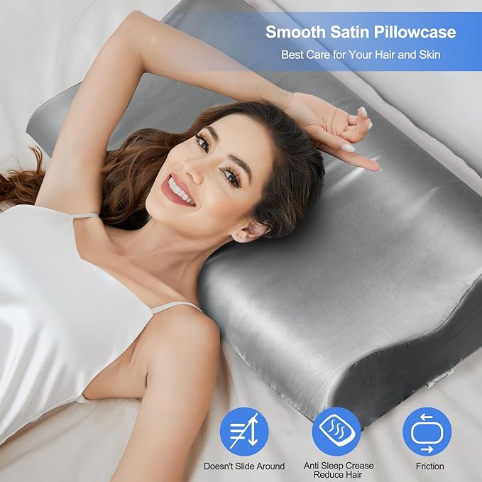 Satin Pillowcase for Contour Memory Foam Pillows, 20" x 12.6" x 4.1"/3.2" Cervical Pillow Case, Soft Covers with Envelop Closure (Grey)