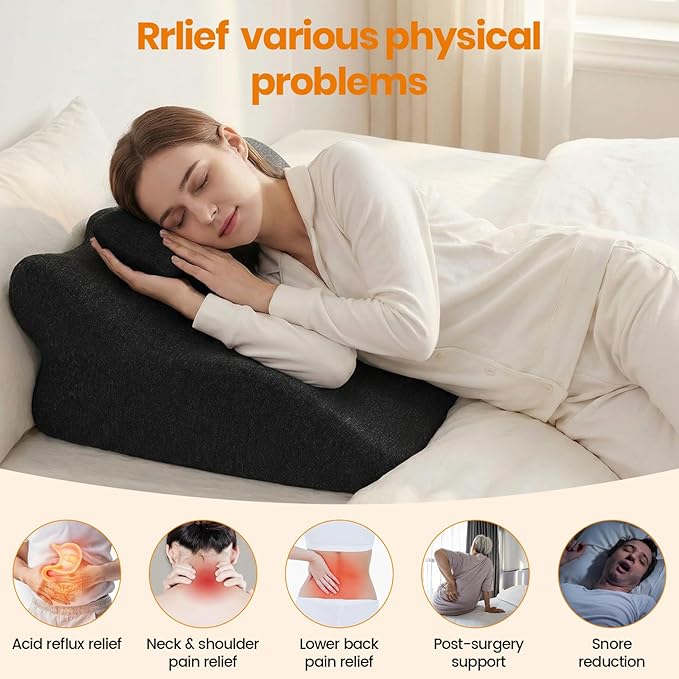 Memory Foam Ergonomic Wedge Pillow for Sleeping, Acid Reflux & Snoring Relief, 27°Angle Perfect Position Wedge Pillow with Washable Cover, Comfort Support for Waist, Neck & Back