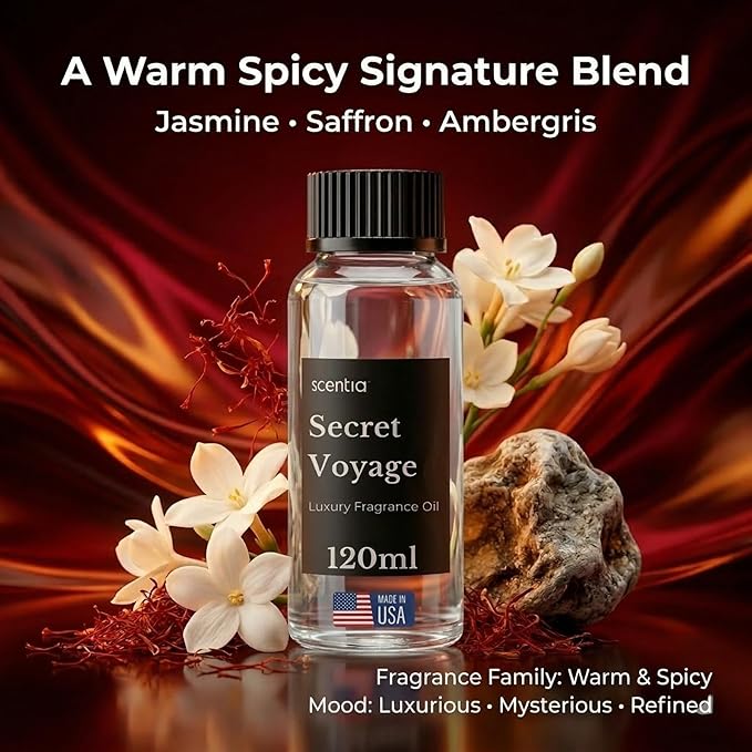 Scentia Secret Voyage Premium Amber Fragrance Oil for Diffusers – Luxury Warm Spicy Home Scent with Jasmine, Saffron, Cedar & Ambergris – Cold Air & HVAC Diffuser Oil Refill – 120 ml (4.06 fl oz)