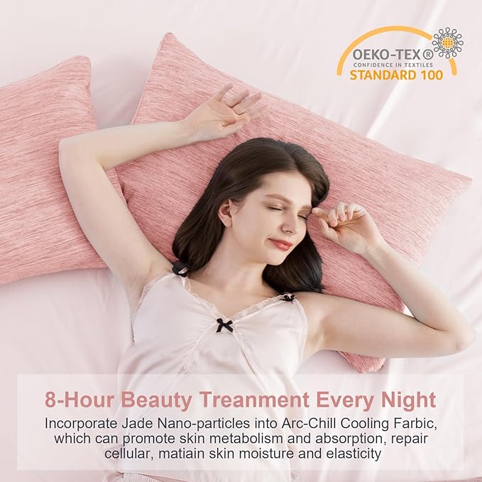 Elegear Cooling Pillow Cases for Hot Sleepers, Japanese Q-Max 0.5 Cooling Pillowcases, Both Sides(Cooling/Cotton), Breathable Soft Pillowcase for Hair and Skin, Set of 2-Pink (Queen (20'' x 30''))
