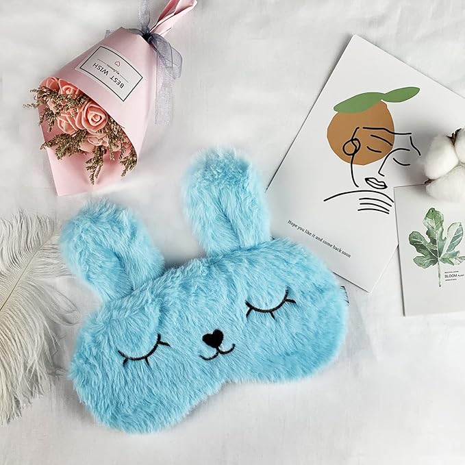 Easter Bunny Sleeping Mask, Soft Fluffy Plush Rabbit Blindfold Novelty Sleep Mask Eye Cover Eyeshade for Kids Girls Boys Women Night Nap Travel Meditation (Blue, Rabbit)