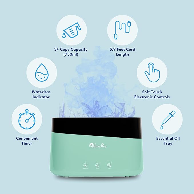 LivePure LP300HUM Aqua Flame Cool Mist Humidifier – Small Ultrasonic Plant Humidifier Indoor with Essential Oil Diffuser – Dorm Essentials, Apartment, Desks & Home Office White - 0.20 Gal/ .75L