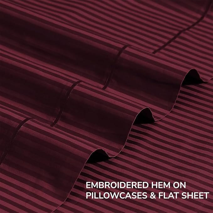 Feather & Stitch 500 TC Twin Size Damask Bed Sheet Set, 100% Cotton Soft Breathable Bedsheets, 3 Piece 18" Deep Pockets Sateen Weave Striped Bedding Mattress Resort Hotel Luxury- (Burgundy Stripe)