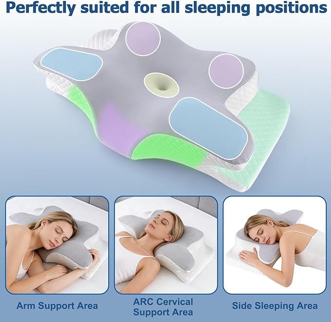 Memory Foam Neck Pillow - Adjustable Orthopedic Contour Pillow for Neck & Shoulder Support, Odorless, Side Back Stomach Sleeper Friendly, Enhanced Spinal Alignment - Light Grey