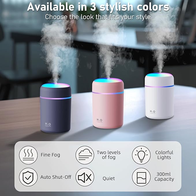 USB Essential Oil Diffuser with 6 Oils, Portable Ultrasonic Aromatherapy Diffuser for Home & Car, Cool Mist, 7-Color LED Night Light, Auto Shut-Off, One-Button Control,3 Colors (Grey)