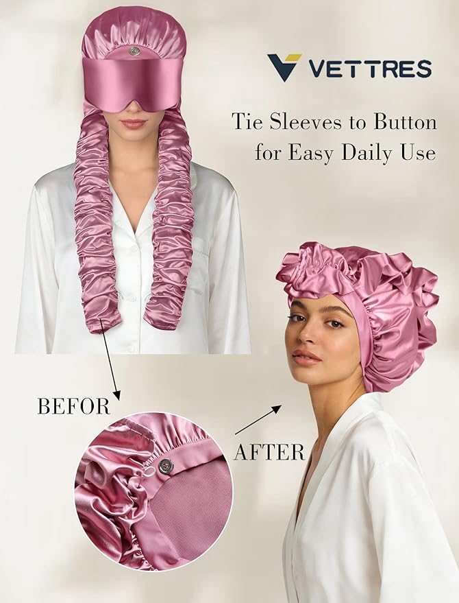 Satin Bonnet for Sleeping with Eye Mask，No Slip Sleep Bonnet with Long Curling Ribbons for Braids & Long Hair
