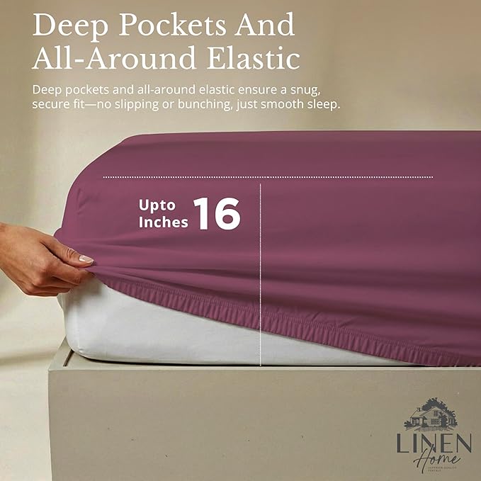 Linen Home 100% Cotton Percale Sheets King Size, Damson Berry, Deep Pocket, 4 Pieces Set - 1 Flat, 1 Deep Pocket Fitted Sheet and 2 Pillowcases, Crisp Cool and Strong Bed Linen