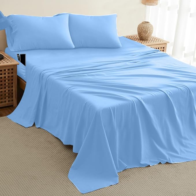 DREAMCARE Twin XL Sheet Sets - 4 pcs Breathable Cooling Bed Sheets - up to 15" Deep Pocket Twin XL Sheets Set with Side Pockets -Extra Soft 100% Brushed Hypoallergenic Hotel Luxury Bedding -Light Blue