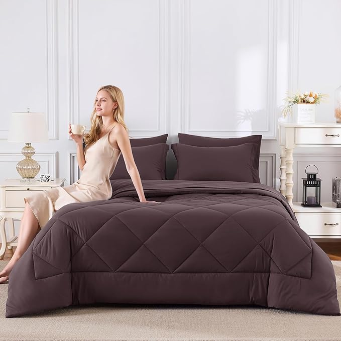CozyLux Oversized Queen Comforter Set Cocoa Powder - 7 Pieces Bed in a Bag Comforter Set with Sheets, Luxury Soft Bed Set, Bedding Set with Down Alternative Comforter, Sheets, Pillowcases & Shams