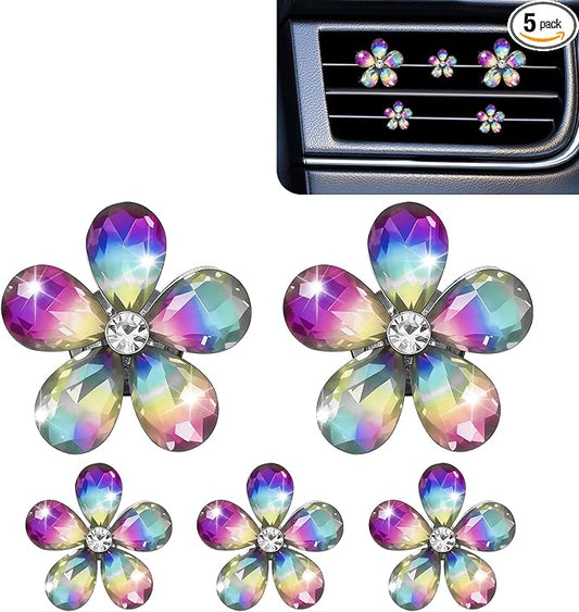 5PCS Bling Daisy Flower Car Air Vent Clips, Car Diffuser Vent Clip, Sparkling Crystal Rhinestone Cute Auto Air Conditioning Clamp, Diamond Air Outlet Clip Decor for Women Girls (Colorful)