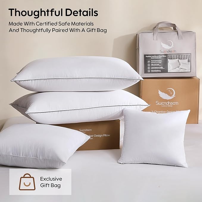 Goose Feather and Down Bed Pillows Queen Size Set of 2, Luxury 3-Chamber Pillows with Soft & Down-Proof Cover, Fluffy Plush Hotel Bed Pillows for Side, Back & Stomach Sleepers