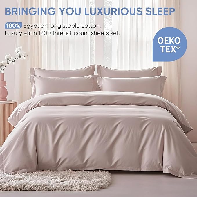 TWK 1200 TC 100% Egyptian Long-Staple Cotton Bedding Sheets Set, Luxury Hotel Style Deep Pocket with Elastic Reinforced Seams Sheet Set, Soft & Comfy Natural Sheets(Sand King)