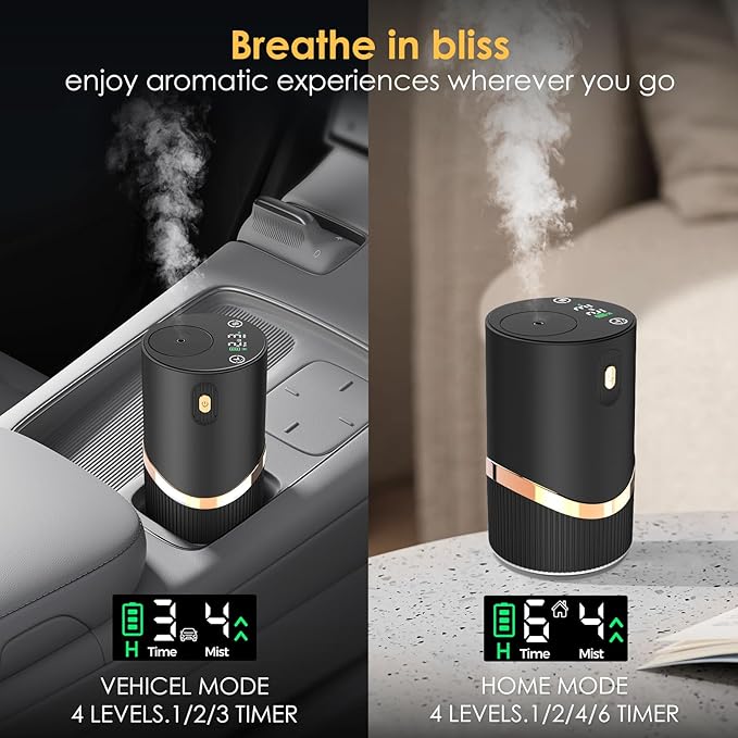 Waterless Essential Oil Diffuser Rechargable: Portable Aromatherapy Diffuser for Car and Home - 1/2/4/6H/Time Off 4 Mist Level for Room Office Bedroom (Black)