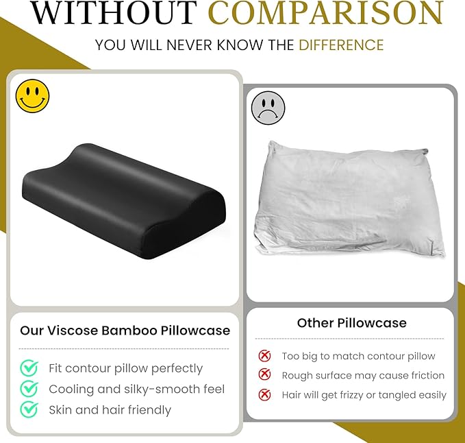 Cooling Contour Pillowcase- Rayon Derived from Bamboo Pillow Case Cover for Contour Cervical Neck Pillow- Breathable Silky Soft Pillowcase for Hot Sleepers,24 x14 x5/3.7 Inches 1 Piece Black