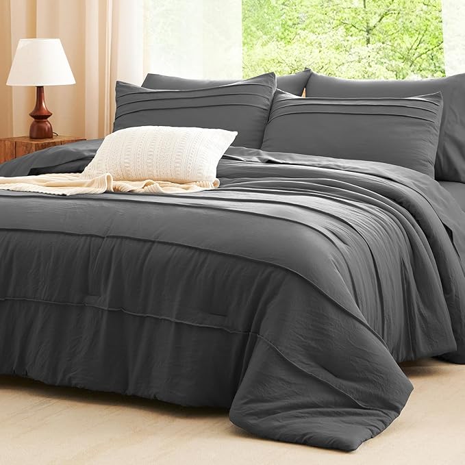 CozyLux Full Size Comforter Sets Dark Grey, 7 Pieces Soft Pinch Pleat Bed in a Bag Full Comforter Set with Sheets, Boho Bed Set with Down Alternative Comforter, Sheets, Pillowcases & Shams