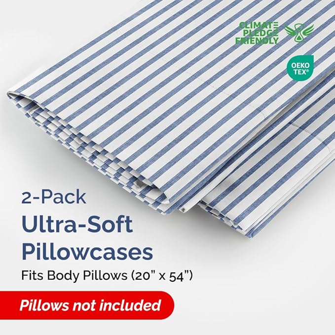 Body Pillowcases Set of 2-20x54 Long Body Pillow Case - Soft Body Pillow Cover for Sleeping & Side Sleepers - Comfy, Wrinkle & Fade Free - Machine Washable w/Envelope Enclosure Blue Stripes 2