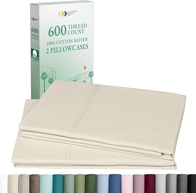Luxuriously Soft Premium 600 Thread Count, 100% Cotton Set of 2 Cases, Crisp King Size Pillow Case Set of 2, Fits King Pillows - Cream (Warm Ivory)