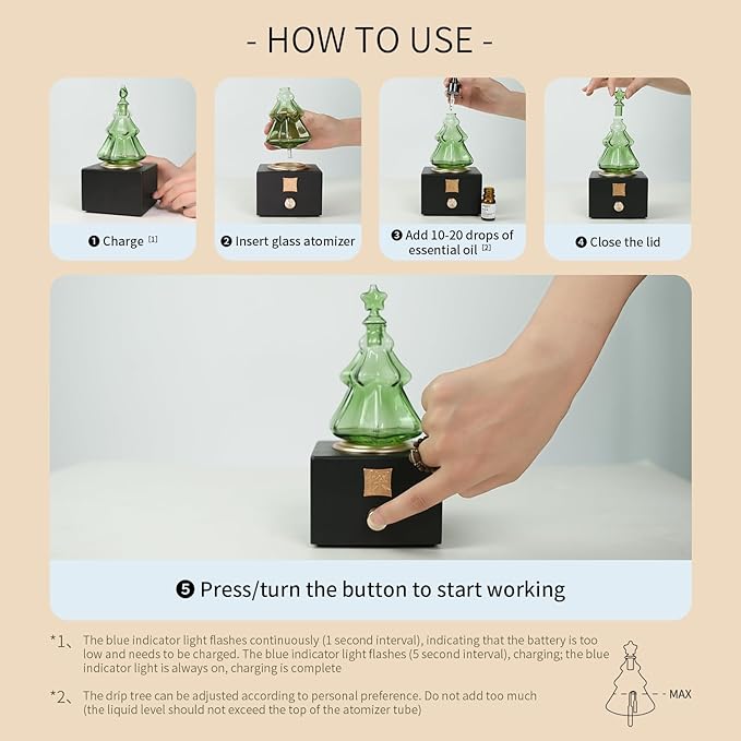 Waterless Essential Oil Diffuser for Aromatherapy – Hand-Blown Glass Christmas Tree Nebulizer with Wooden Base, Aluminum Alloy Knob, USB Rechargeable, 35-Hour Runtime for Women & Men
