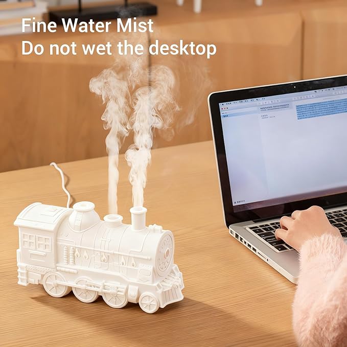 Bewinner Train Humidifier with Night Light, Essential Oil Diffuser, Large Room Aromatherapy Diffuser Cool Mist Humidifier for Office Bedroom, Dual Spray Modes, (White)