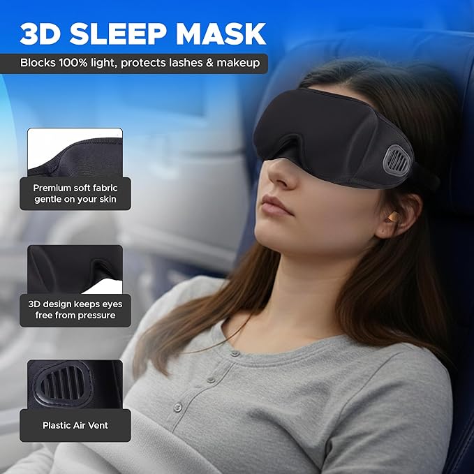 Contoured Sleep Eye Mask with Ventilation – Soft, Lightweight & Breathable Eye Cover for Travel, Home & Office – Adjustable Strap for All Sleep Positions – Black
