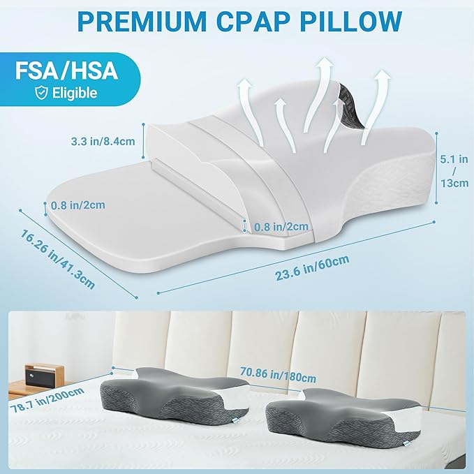 Elviros Cervical Neck Pillow for Neck Pain Relief, CPAP Pillow for Side, Back & Stomach Sleepers, Ergonomic Orthopedic Pillow for CPAP Users to Reduce Air Leaks and Mask Pressure, White