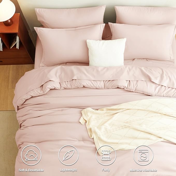 CozyLux Queen Comforter Set Blush Pink, 7 Pieces Bed in a Bag Queen Comforter Set with Sheets, Luxury Soft Bedding Sets with Down Alternative Comforter, Fitted Sheet, Flat Sheet, Pillowcases & Shams