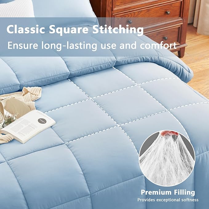CozyLux Queen Comforter Set Baby Blue - 3 Pieces Box Stitched Comforters Queen Size, Soft Bed Set for All Seasons, Lightweight Bedding Sets with 1 Down Alternative Comforter and 2 Pillow Shams