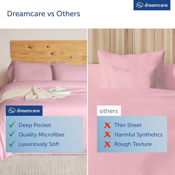 DREAMCARE Queen Sheet Set – 4 pcs Cooling Sheets – up to 21” Deep Pocket Queen Sheets – Hotel Luxury Sheets & Pillowcases – Superior Softness 100% Fine Microfiber with Side Pocket, Pink