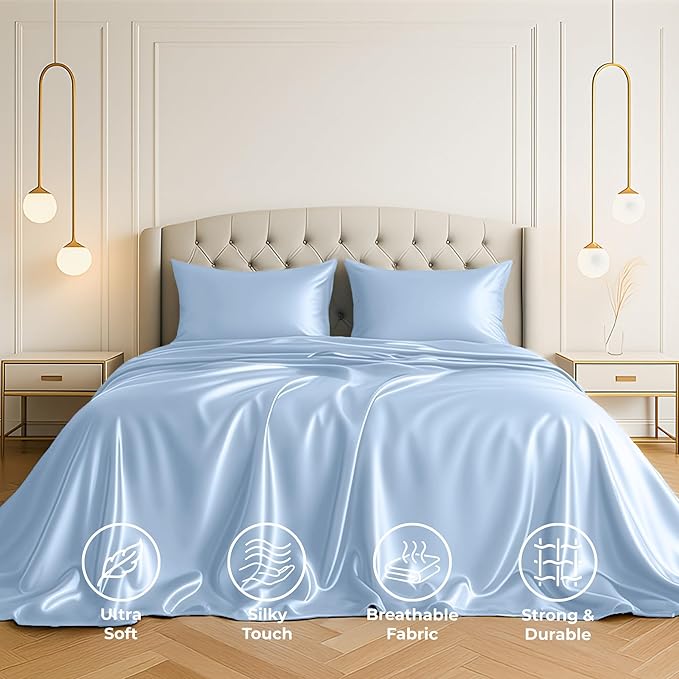 Satin Sheets Full [4-Piece, Baby Blue] Hotel Luxury Silky Bed Sheets - Extra Soft 1800 Microfiber Sheet Set, Wrinkle, Fade, Stain Resistant - Deep Pocket Fitted Sheet, Flat Sheet, Pillow Cases