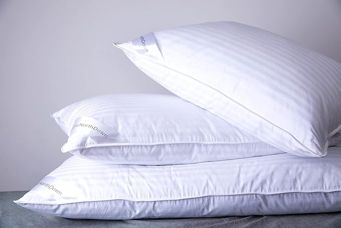 King Size Goose Down Feather Hotel Collection Bed Pillows for Sleeping One Pillow for Back, Stomach or Side Sleepers Stripe White Color