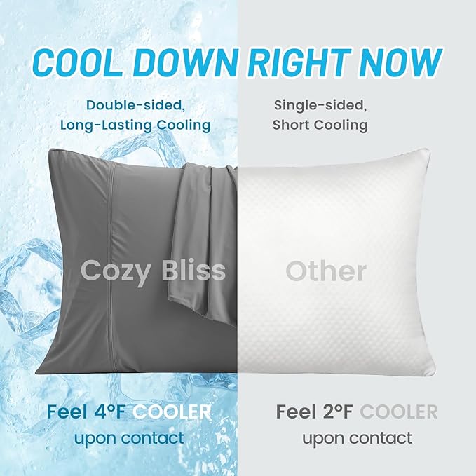 Cozy Bliss Cooling Pillow Cases for Hot Sleepers, Q-Max>0.45, Queen Size Set of 2, Soft & Silky Pillow Covers with Envelope Closure,Gift, Dark Gray, 20x30 Inches