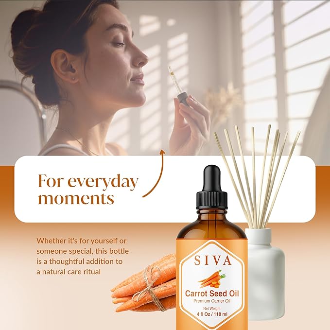 Siva Carrot Seed Oil 4oz (118ml) Premium Cold-Pressed 100% Natural Carrier Oil with Dropper for Face, Skin Care, Body Massage, Hair Care, Hair Oiling & Scalp Massage