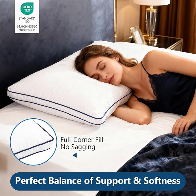 Hotel Luxury Down Alternative Pillows Standard Size Set of 2, Overfilled Gusseted Bed Pillows with Cooling Microfiber, Machine Washable & Breathable for Side, Back, Stomach Sleepers (White)