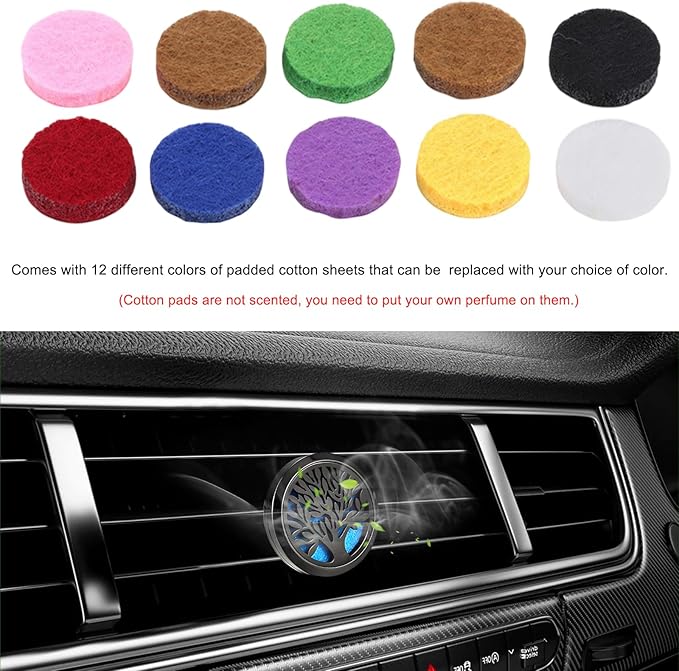 KVAEY 2PCS 30mm Car Diffuser Vent Clips, Tree of Life Aromatherapy Essential Oil Diffuser Locket with 12 Felt Pads, Stainless Steel Car Diffuser Locket Air Freshener (Style 5)